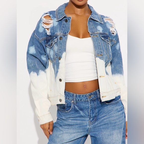 Blue and White Distressed Denim Jacket - Picture 2 of 3